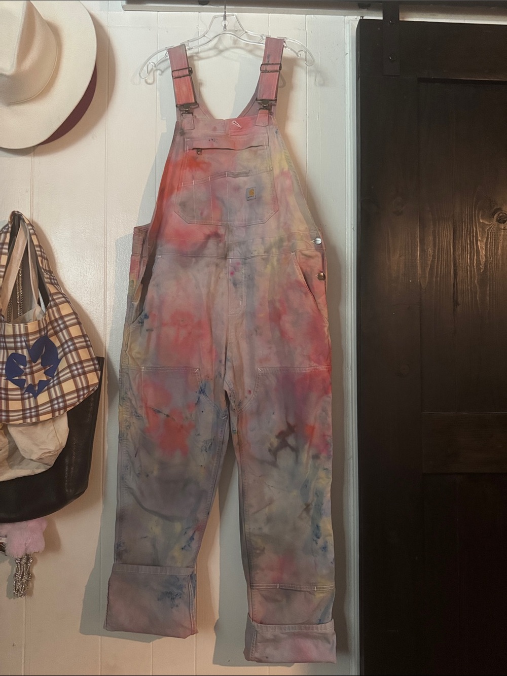 One of a Kind, rainbow custom dyed carhartt womens canvas double knee over alls.